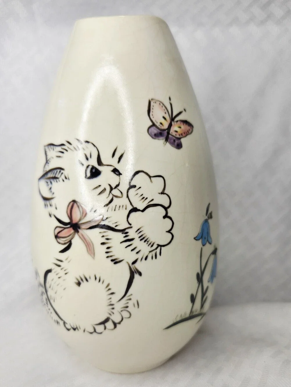 Vintage Holland Mold Hand Painted Kitty Cat Ceramic Vase Butterfly Bluebird